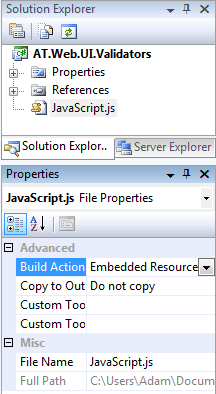 Add an embedded JavaScript WebResource in Visual Studio 2008